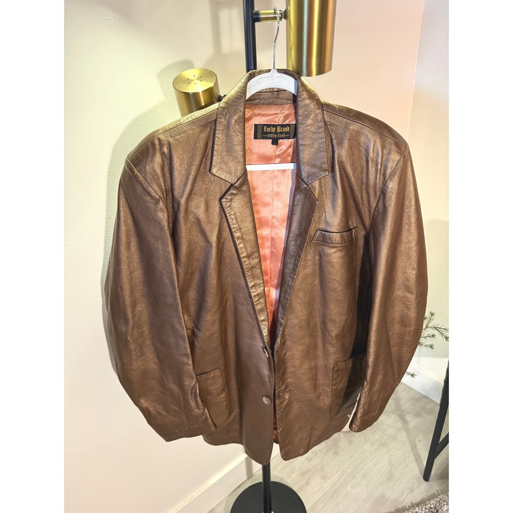 Lucky Brand Retro-Feel Mens Metallic Bronze Leather Blazer Jacket Brown Large L